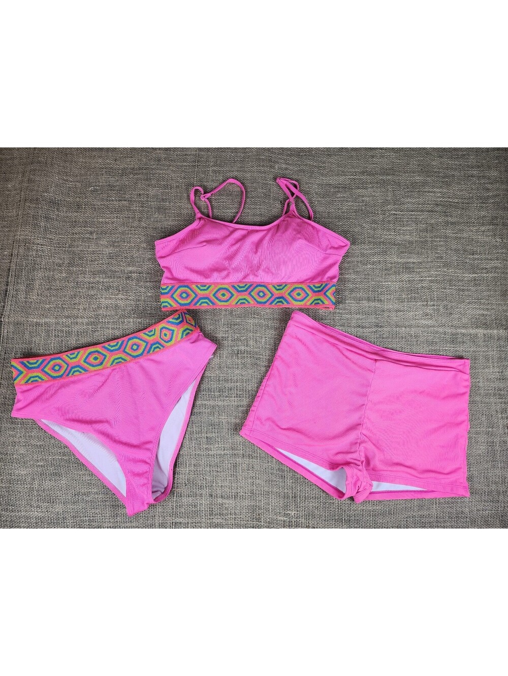 Women’s Pink 3 Piece Swimsuit Bikini Set Geometric High Waist Boyshorts Size 1XL